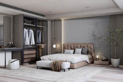 现代卧室 双人床 床头柜组合 衣柜 梳妆台 绿植 床尾凳 摆件